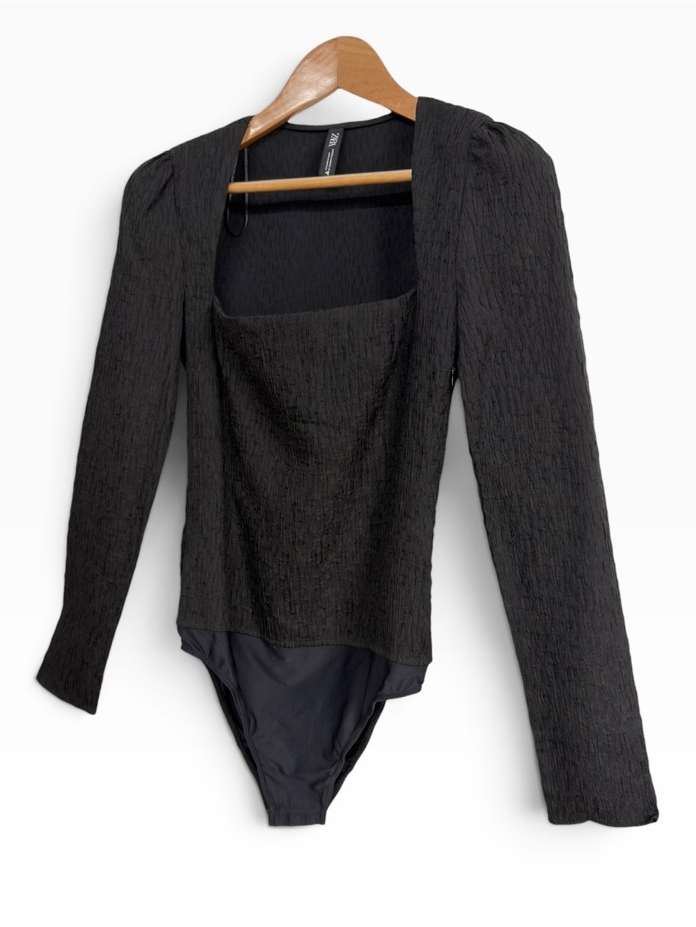 Zara Black Textured Square Neck Long Sleeve Bodysuit Size Medium Minimalist Chic - Picture 2 of 7